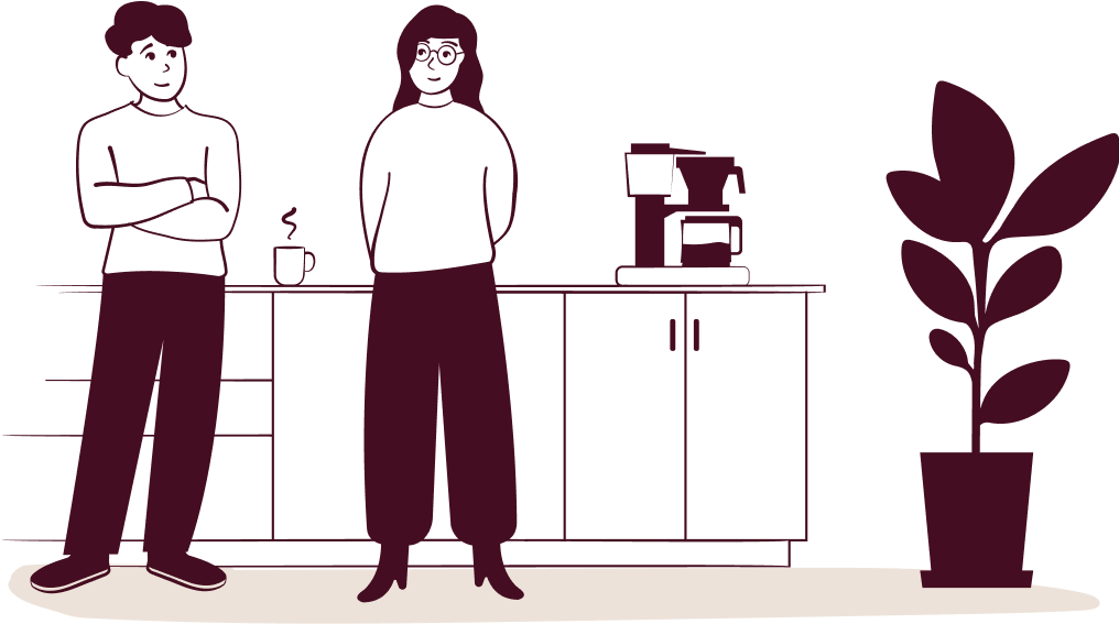 Tegning: to kolleger ved kjøkkenbenken med kaffe